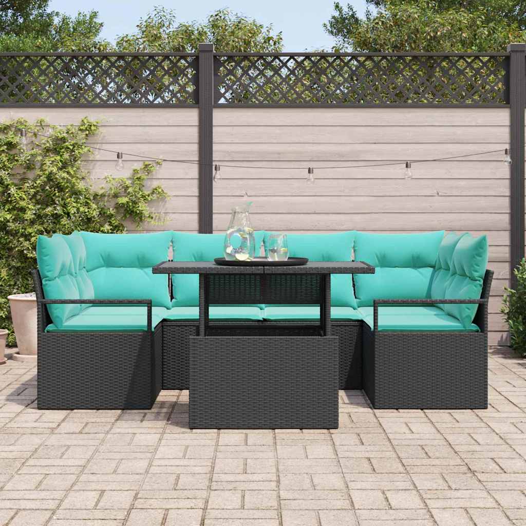 Garten-Sofa-Set mit Kissen 7 pcs Schwarz und Blau Poly-Rattan