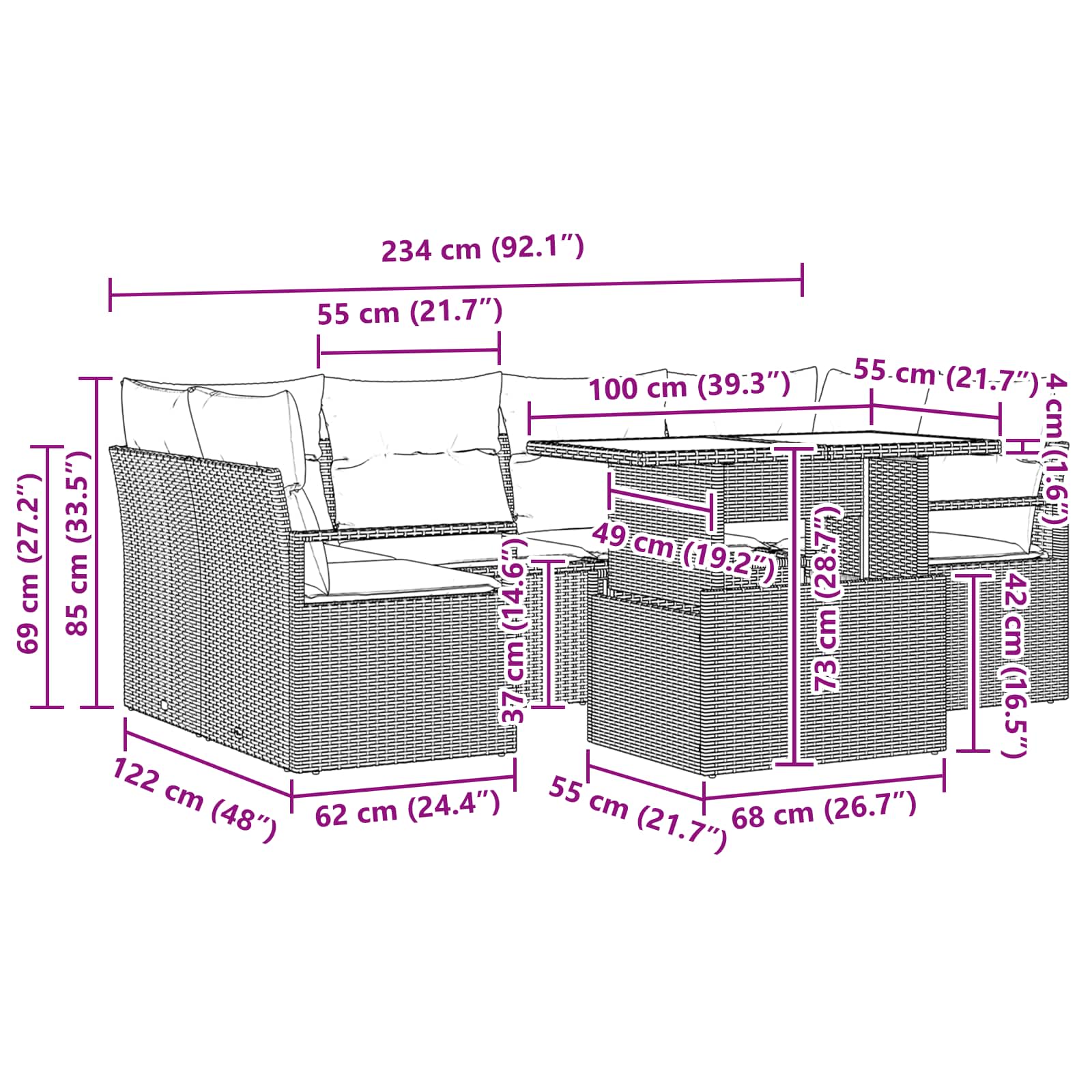 Garten-Sofa-Set mit Kissen 7 pcs Schwarz und Blau Poly-Rattan