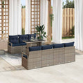 Gartensofa-set mit Kissen 8 pcs Grau und Marineblau Poly-Rattan