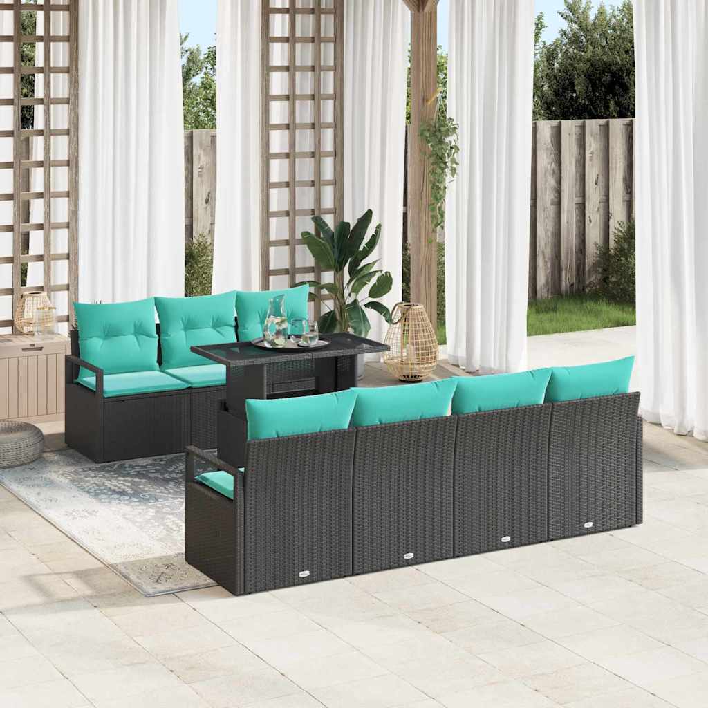 Gartensofa-set mit Speicher 8 pcs Schwarz und Blau Poly-Rattan
