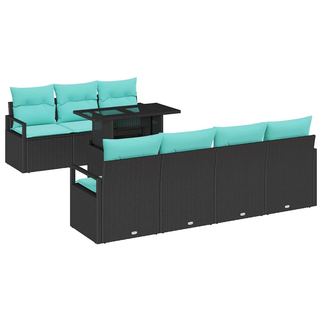 Gartensofa-set mit Speicher 8 pcs Schwarz und Blau Poly-Rattan