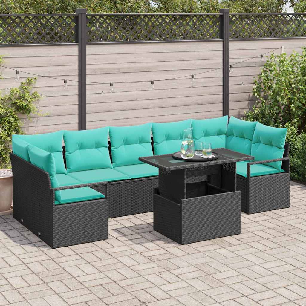 Garten-Sofa-Set mit Kissen 8 pcs Schwarz und Blau Poly-Rattan