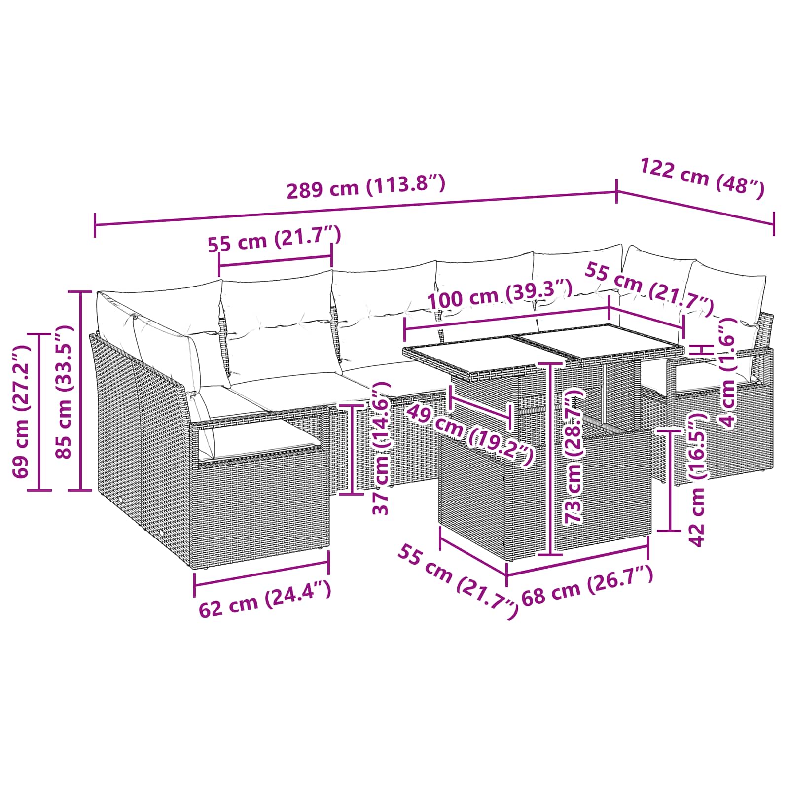 Garten-Sofa-Set mit Kissen 8 pcs Schwarz und Blau Poly-Rattan
