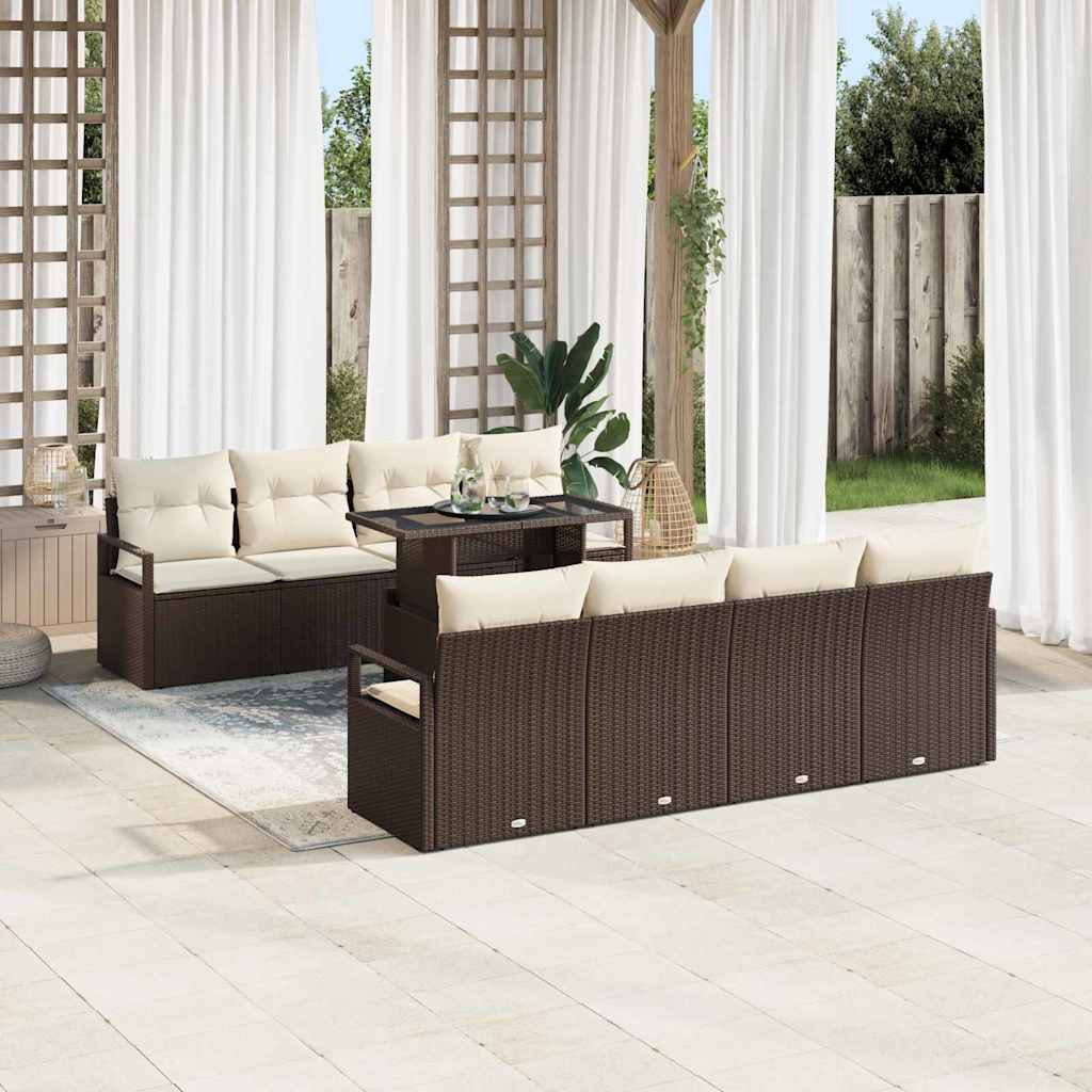 Garten-Sofa-Set mit Kissen 7 pcs Braun und Creme Poly-Rattan