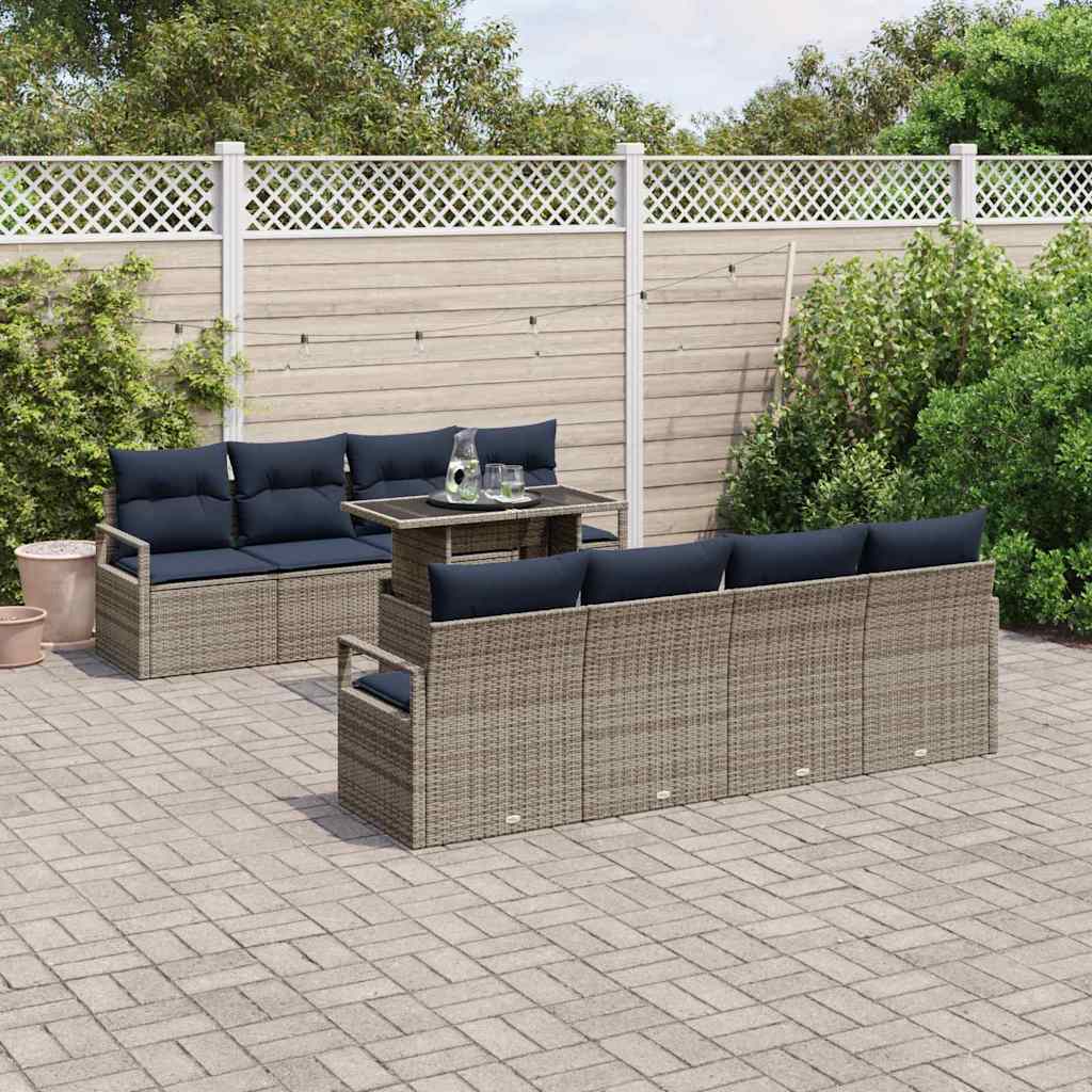 Garten-Sofa-Set 7 pcs Grau und Marineblau Poly-Rattan