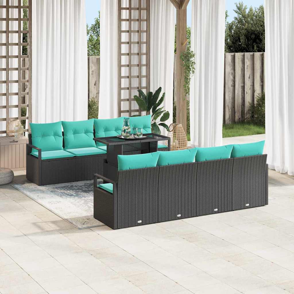 Garten-Sofa-Set mit Kissen 7 pcs Schwarz und Blau Poly-Rattan