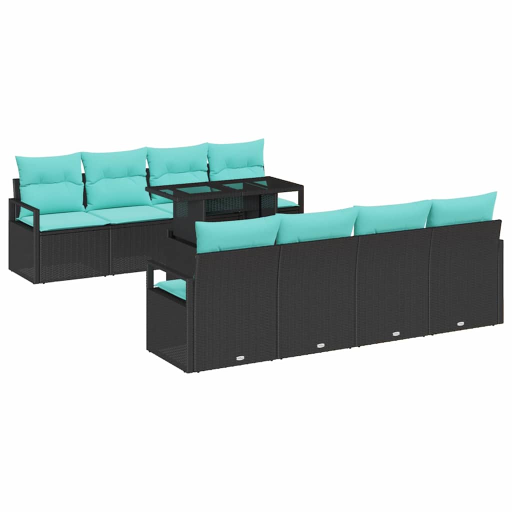 Garten-Sofa-Set mit Kissen 7 pcs Schwarz und Blau Poly-Rattan