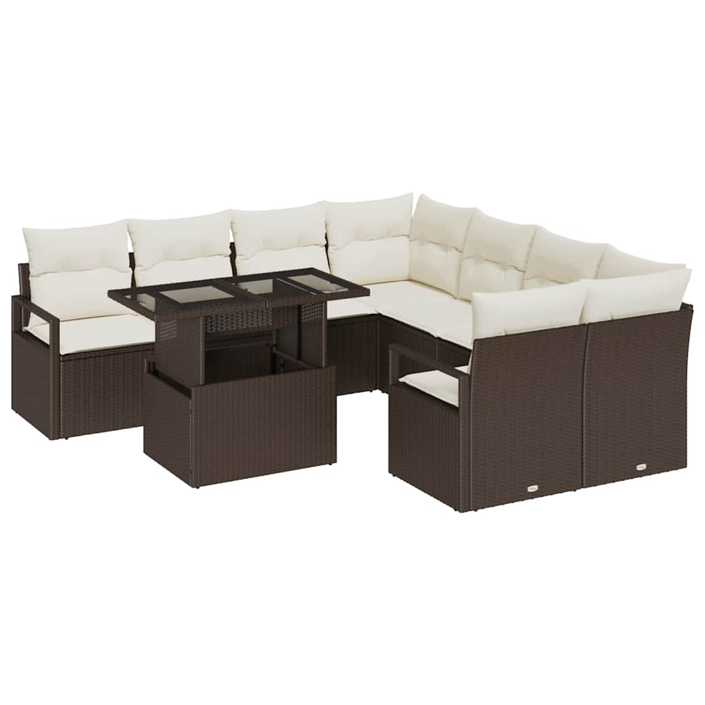Garten-Sofa-Set mit Kissen 9 pcs Braun und Creme Poly-Rattan