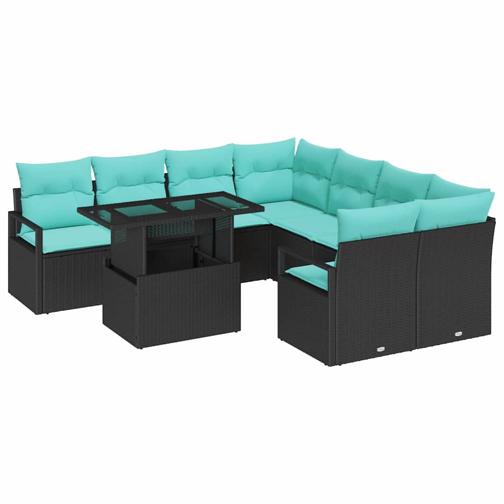 Gartensofa-set mit Speicher 9 pcs Schwarz und Blau Poly-Rattan
