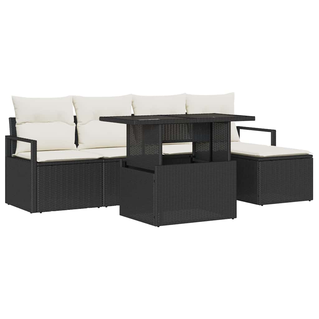 Gartensofa-set mit Speicher 6 pcs Schwarz und Creme Poly-Rattan