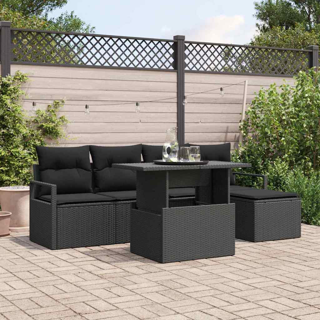 Garten-Sofa-Set mit Kissen 6 pcs Schwarz Poly-Rattan