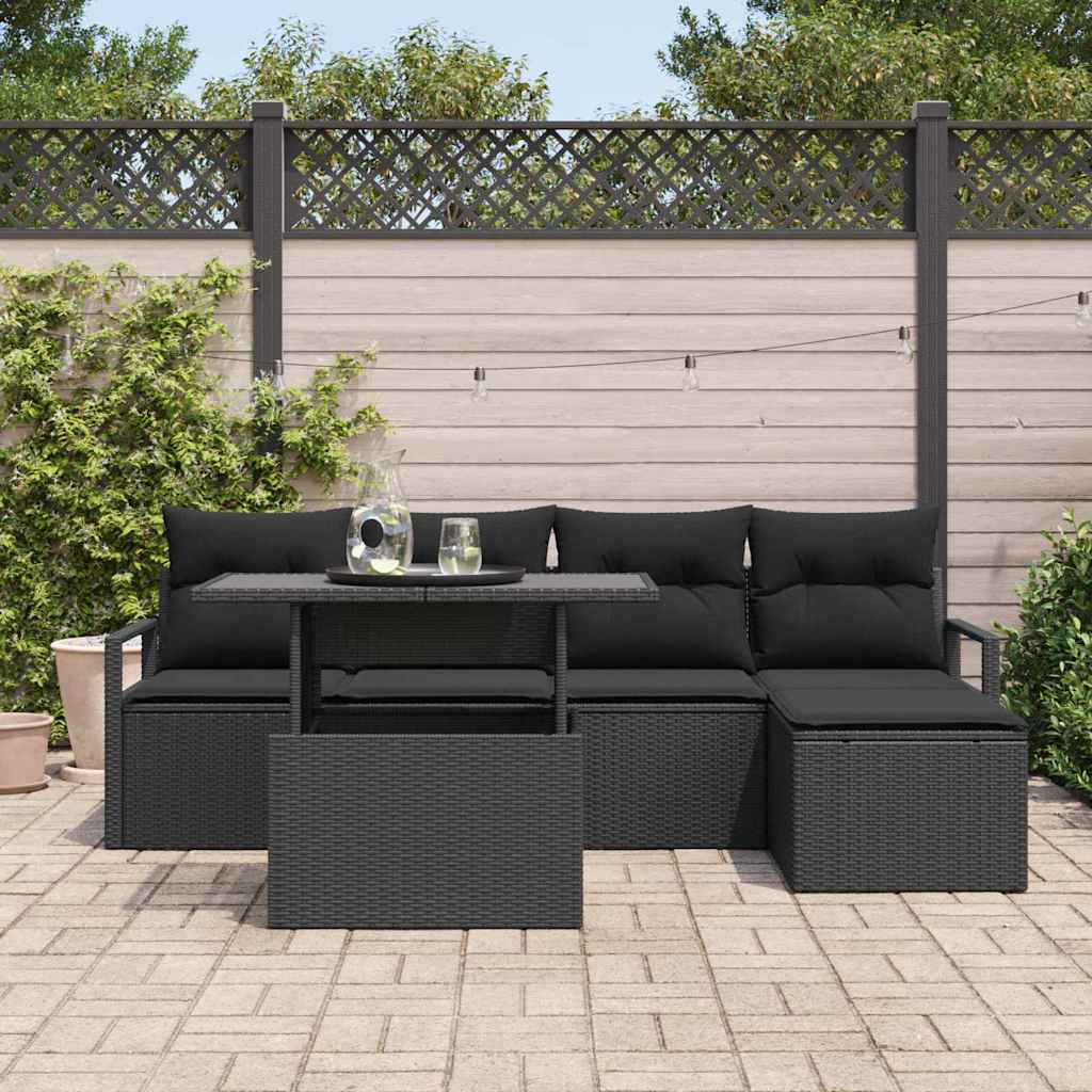 Garten-Sofa-Set mit Kissen 6 pcs Schwarz Poly-Rattan
