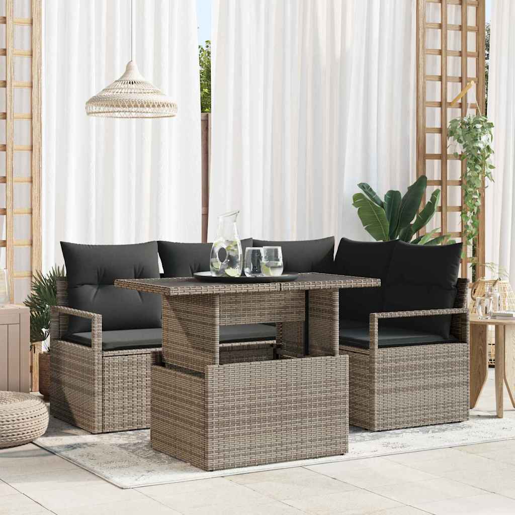Garten-Sofa-Set mit Kissen 5 pcs Grau Poly-Rattan
