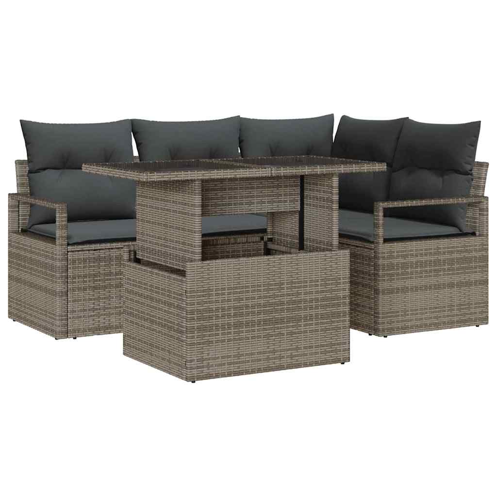 Garten-Sofa-Set mit Kissen 5 pcs Grau Poly-Rattan