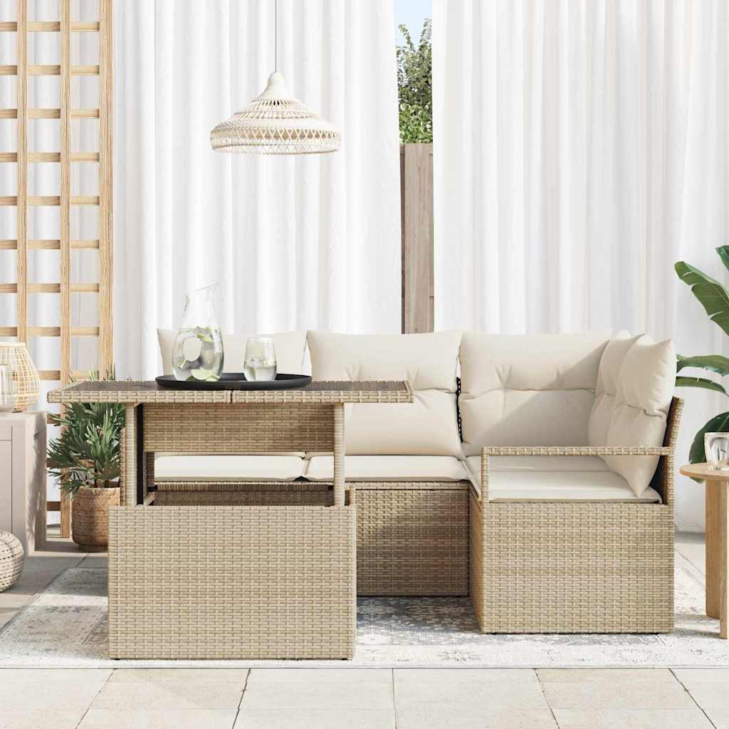 Garten-Sofa-Set mit Kissen 5 pcs Beige und Creme Poly-Rattan