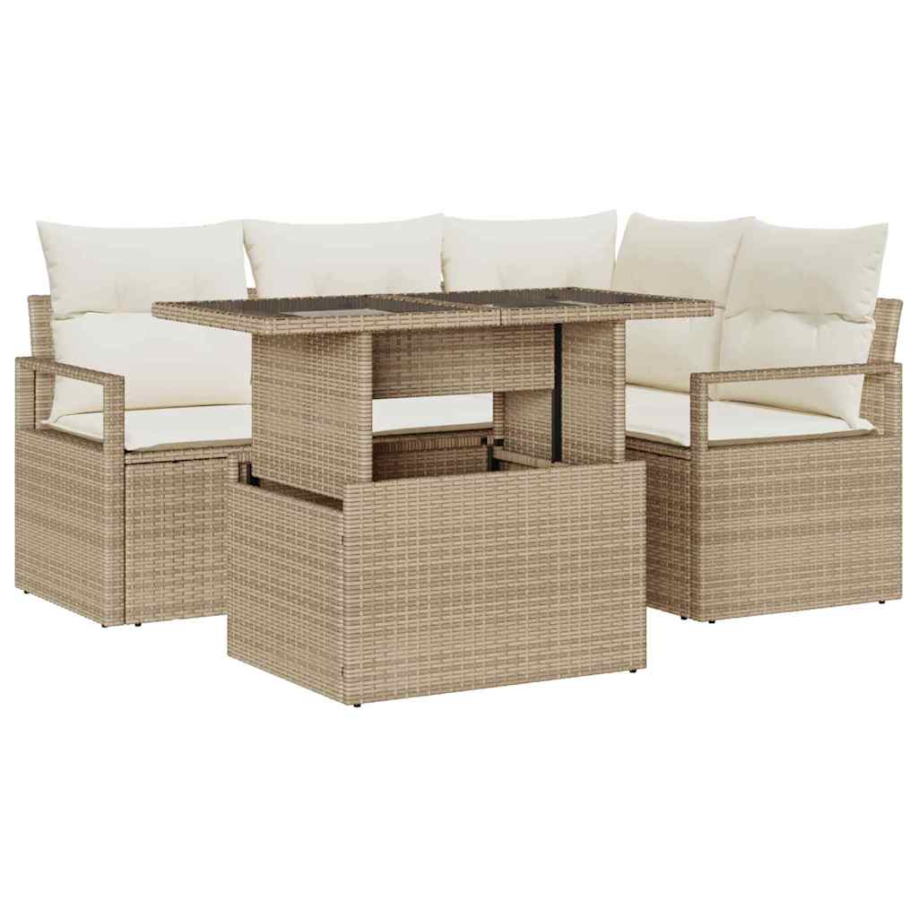 Garten-Sofa-Set mit Kissen 5 pcs Beige und Creme Poly-Rattan