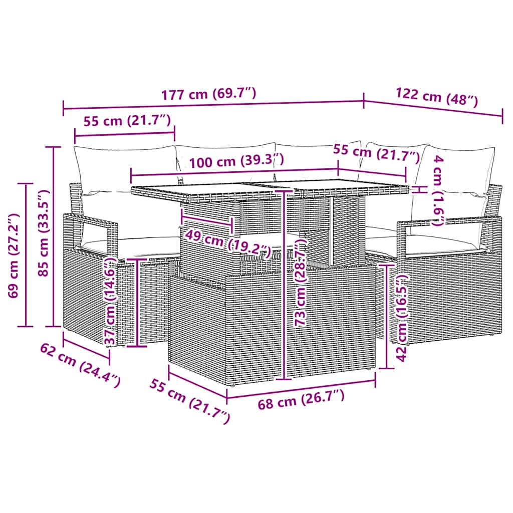 Garten-Sofa-Set mit Kissen 5 pcs Hellgrau Poly-Rattan