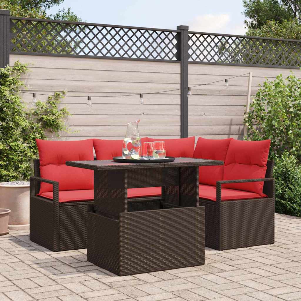 Gartensofa-set mit Speicher 5 pcs Braun und Rot Poly-Rattan