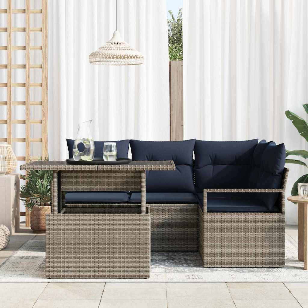 Garten-Sofa-Set 5 pcs Grau und Marineblau Poly-Rattan