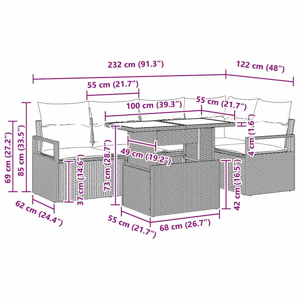 Garten-Sofa-Set mit Kissen 6 pcs Braun und Creme Poly-Rattan