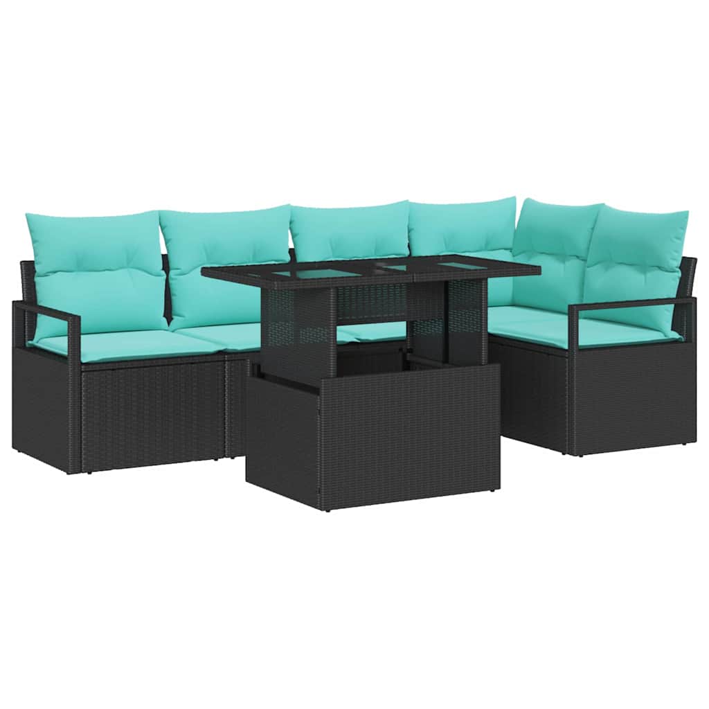 Garten-Sofa-Set mit Kissen 6 pcs Schwarz und Blau Poly-Rattan