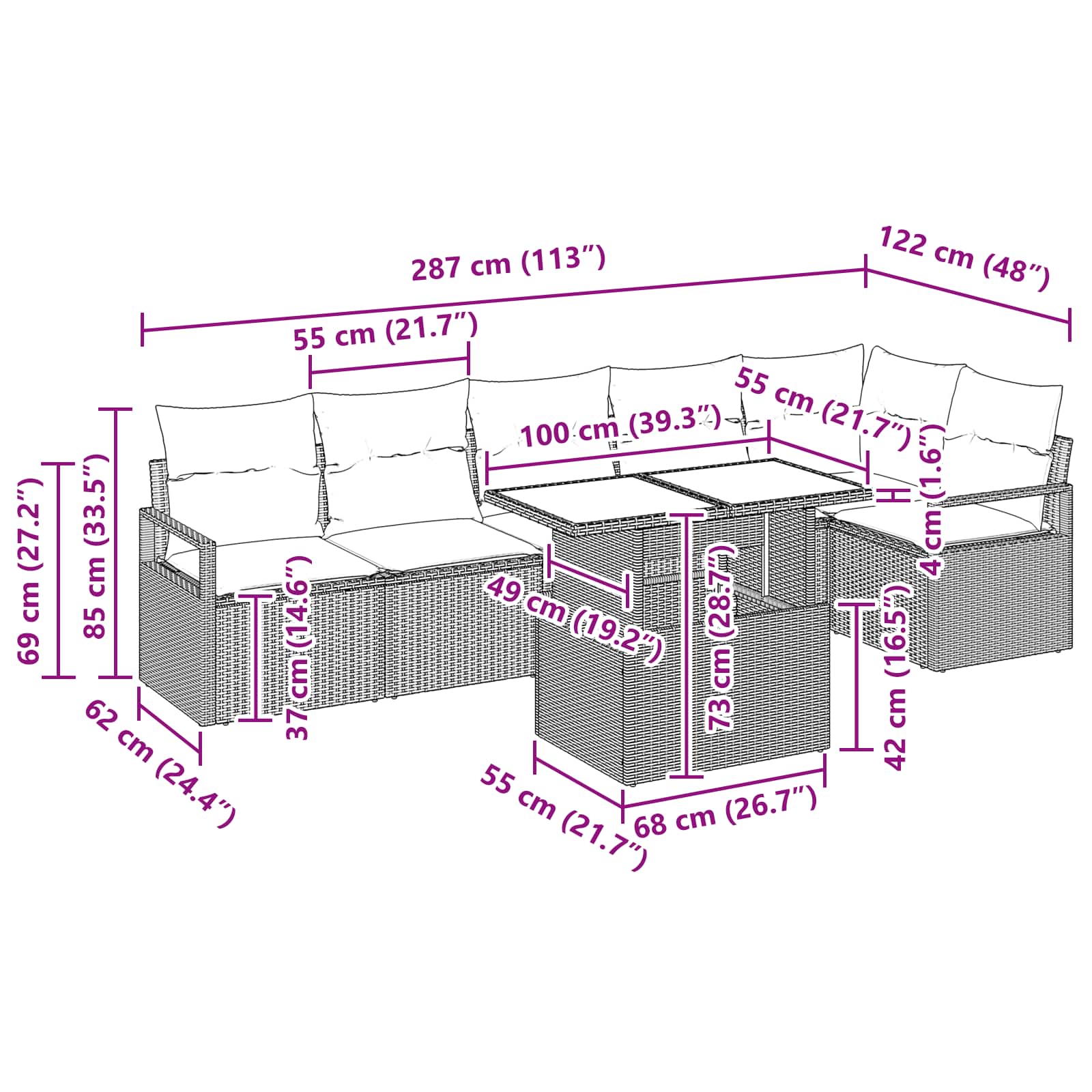 Gartensofa-set mit Speicher 7 pcs Braun und Rot Poly-Rattan