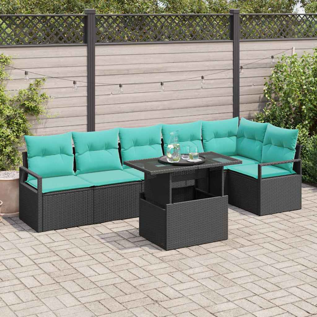 Gartensofa-set mit Speicher 7 pcs Schwarz und Blau Poly-Rattan