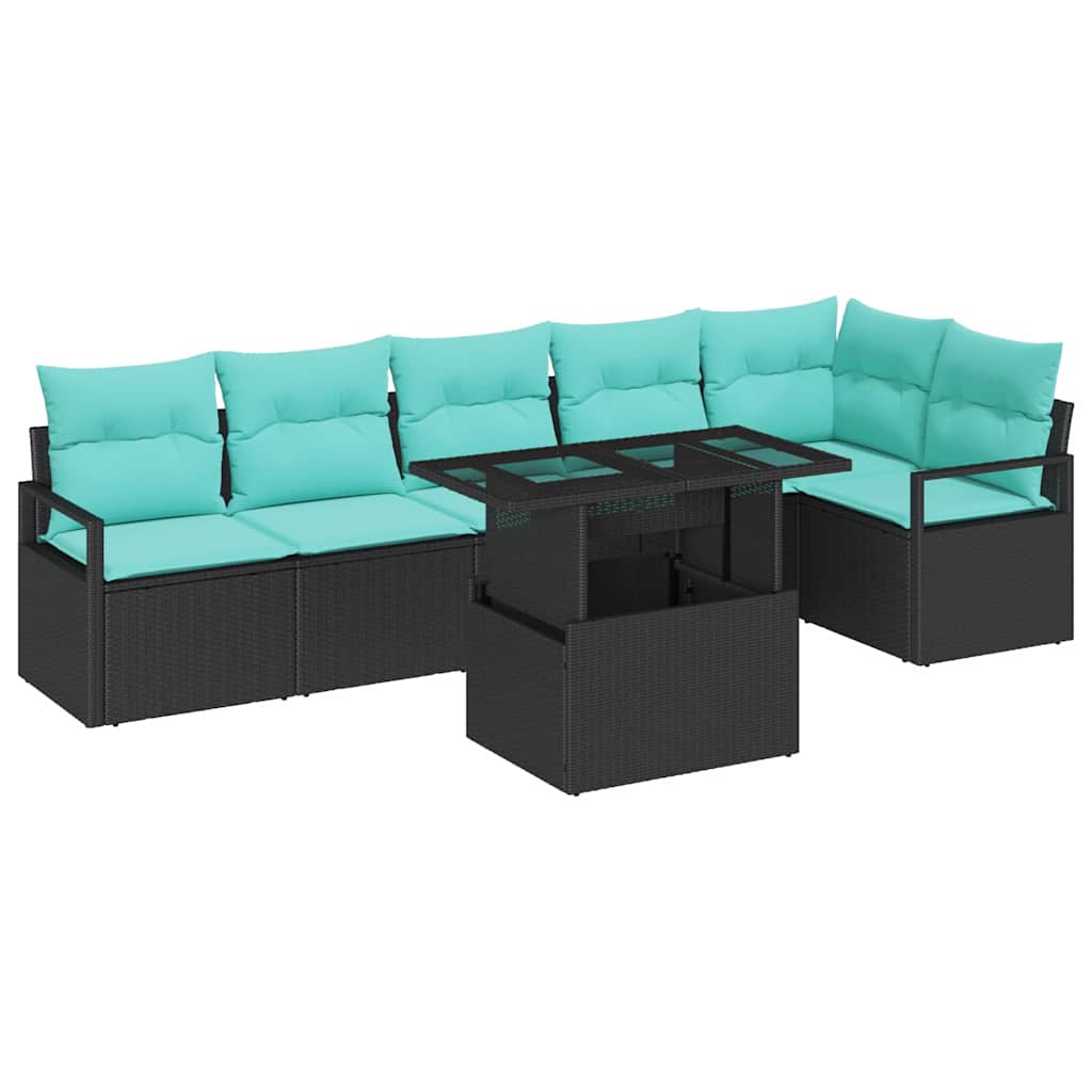 Gartensofa-set mit Speicher 7 pcs Schwarz und Blau Poly-Rattan