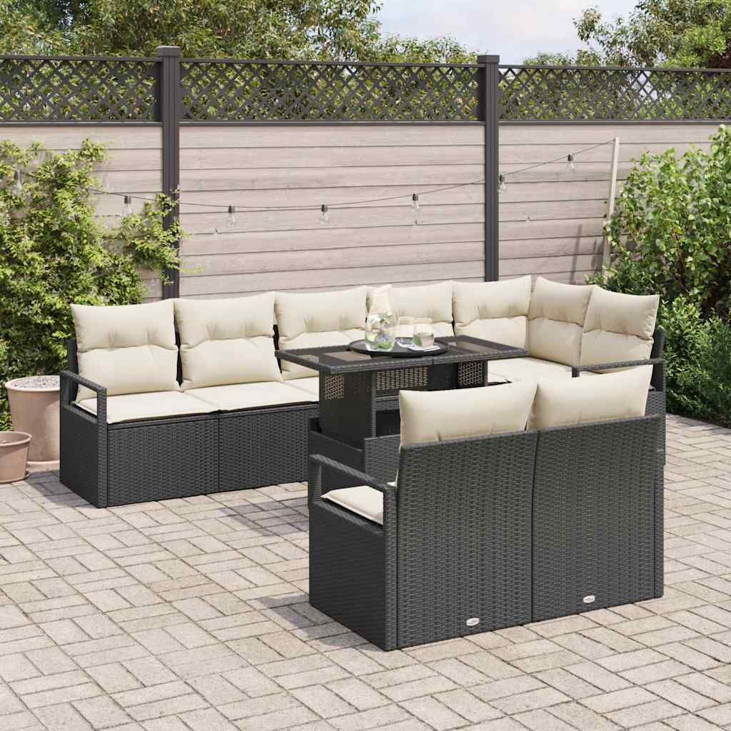 Garten-Sofa-Set mit Kissen 9 pcs Schwarz und Creme Poly-Rattan