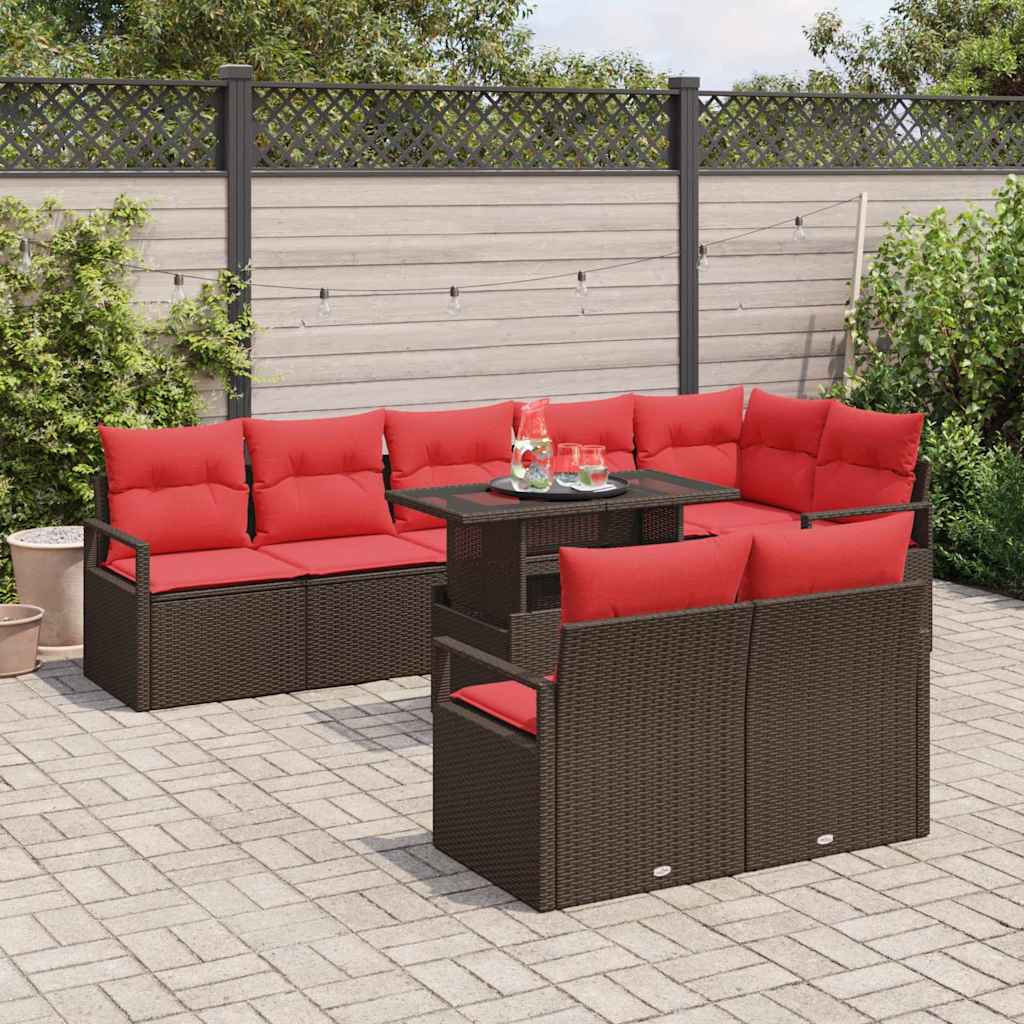 Gartensofa-set mit Speicher 9 pcs Braun und Rot Poly-Rattan