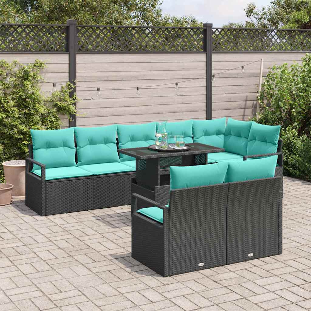 Gartensofa-set mit Speicher 9 pcs Schwarz und Blau Poly-Rattan
