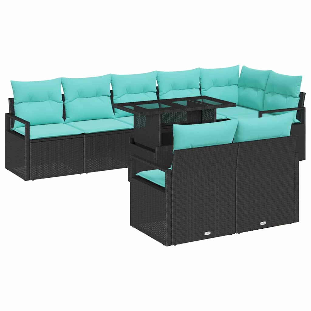 Gartensofa-set mit Speicher 9 pcs Schwarz und Blau Poly-Rattan