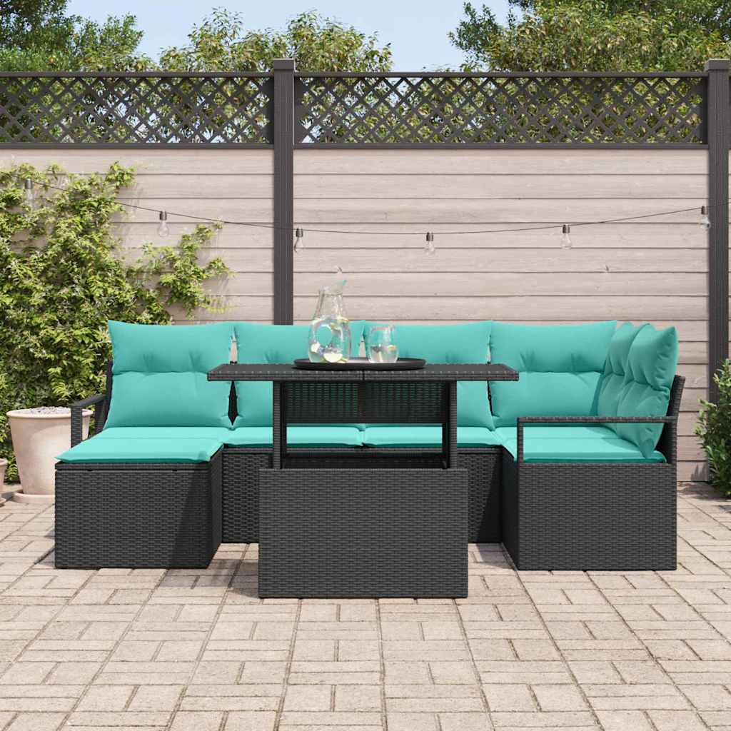 Gartensofa-set mit Speicher 7 pcs Schwarz und Blau Poly Rattan