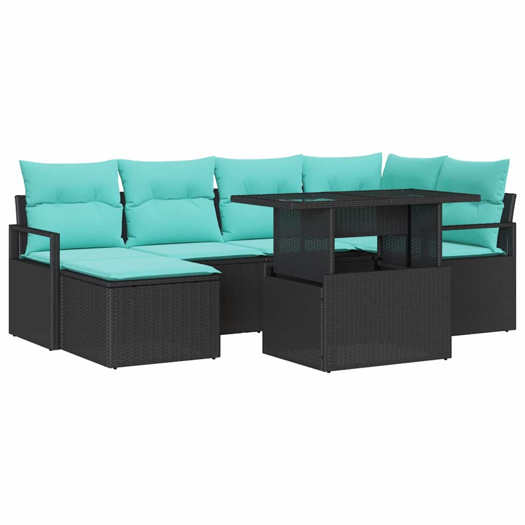 Gartensofa-set mit Speicher 7 pcs Schwarz und Blau Poly Rattan