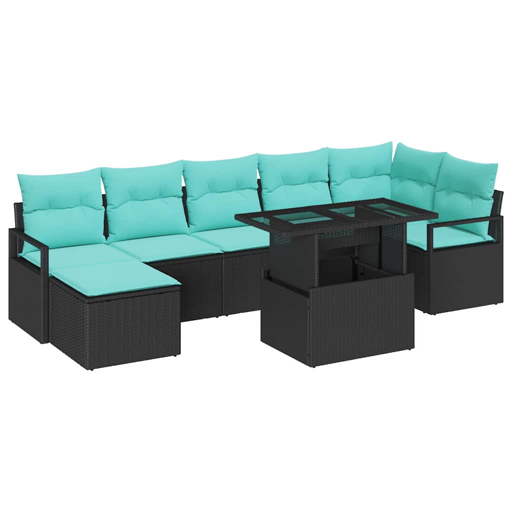 Garten-Sofa-Set mit Kissen 8 pcs Schwarz und Blau Poly-Rattan