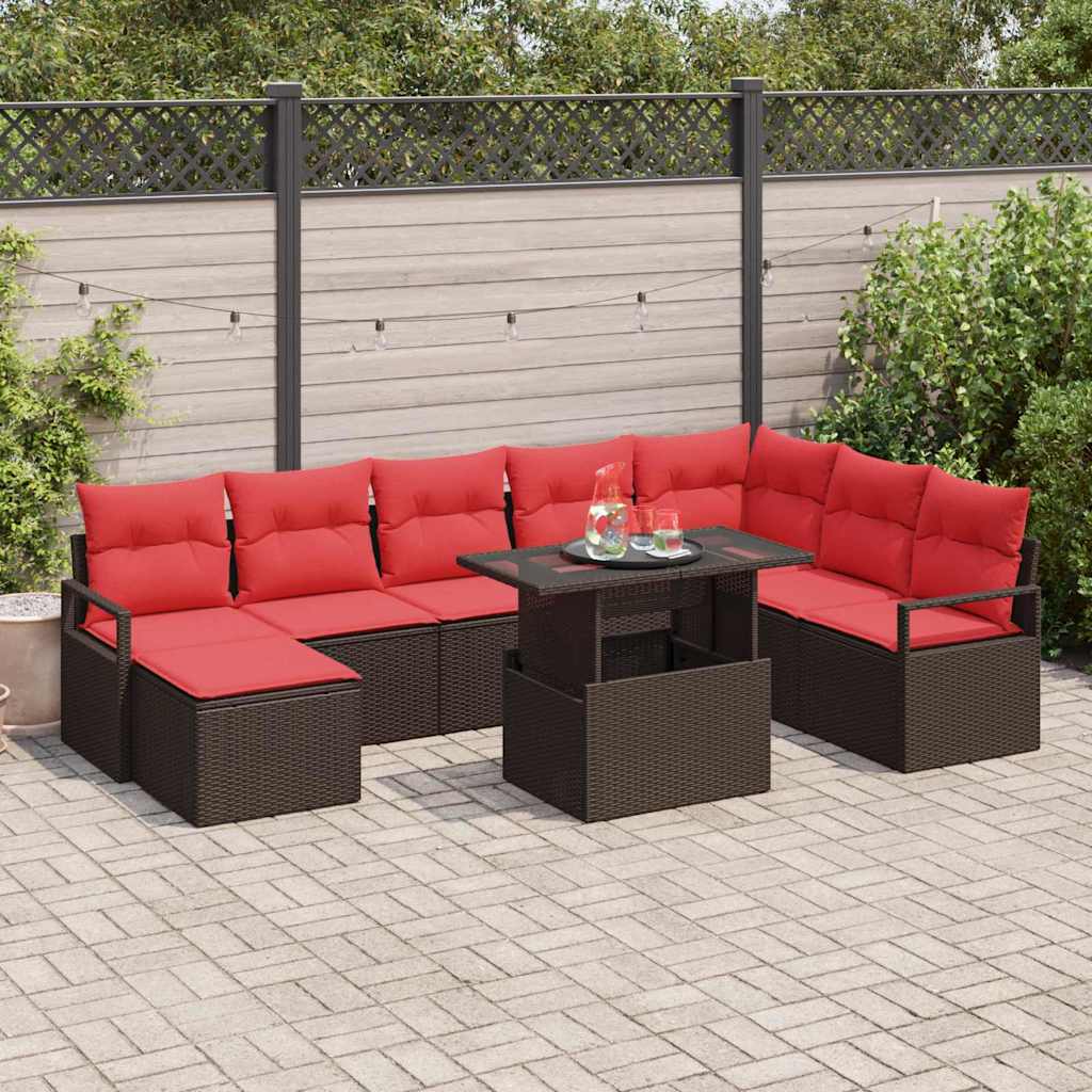 Garten-Sofa-Set mit Kissen 9 pcs Braun und Rot Poly-Rattan