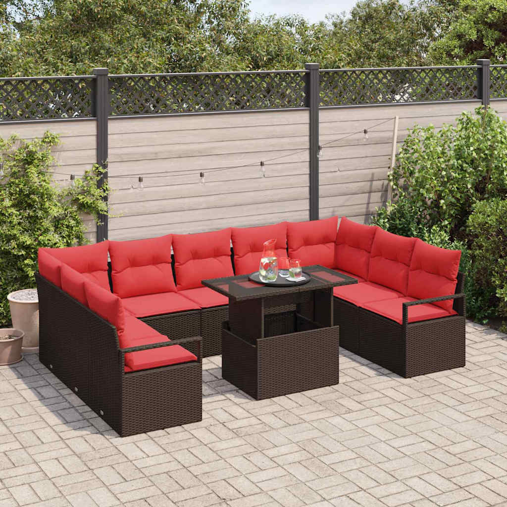 Gartensofa-set mit Speicher 10 pcs Braun und Rot Poly Rattan