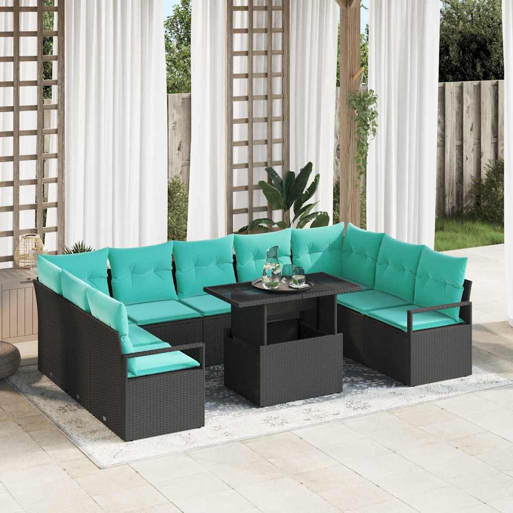 Gartensofa-set mit Speicher 10 pcs Schwarz und Blau Poly Rattan