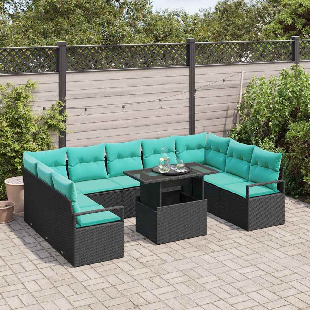 Gartensofa-set mit Speicher 10 pcs Schwarz und Blau Poly Rattan