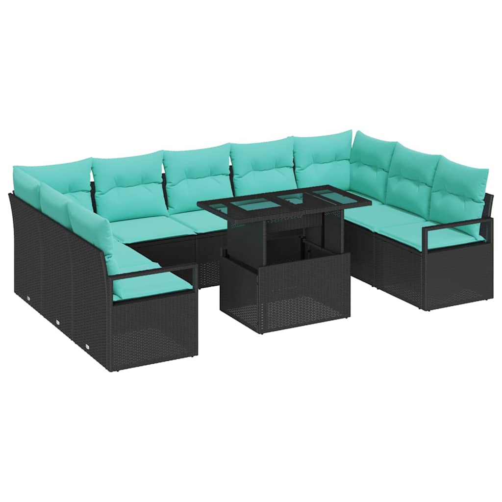 Gartensofa-set mit Speicher 10 pcs Schwarz und Blau Poly Rattan