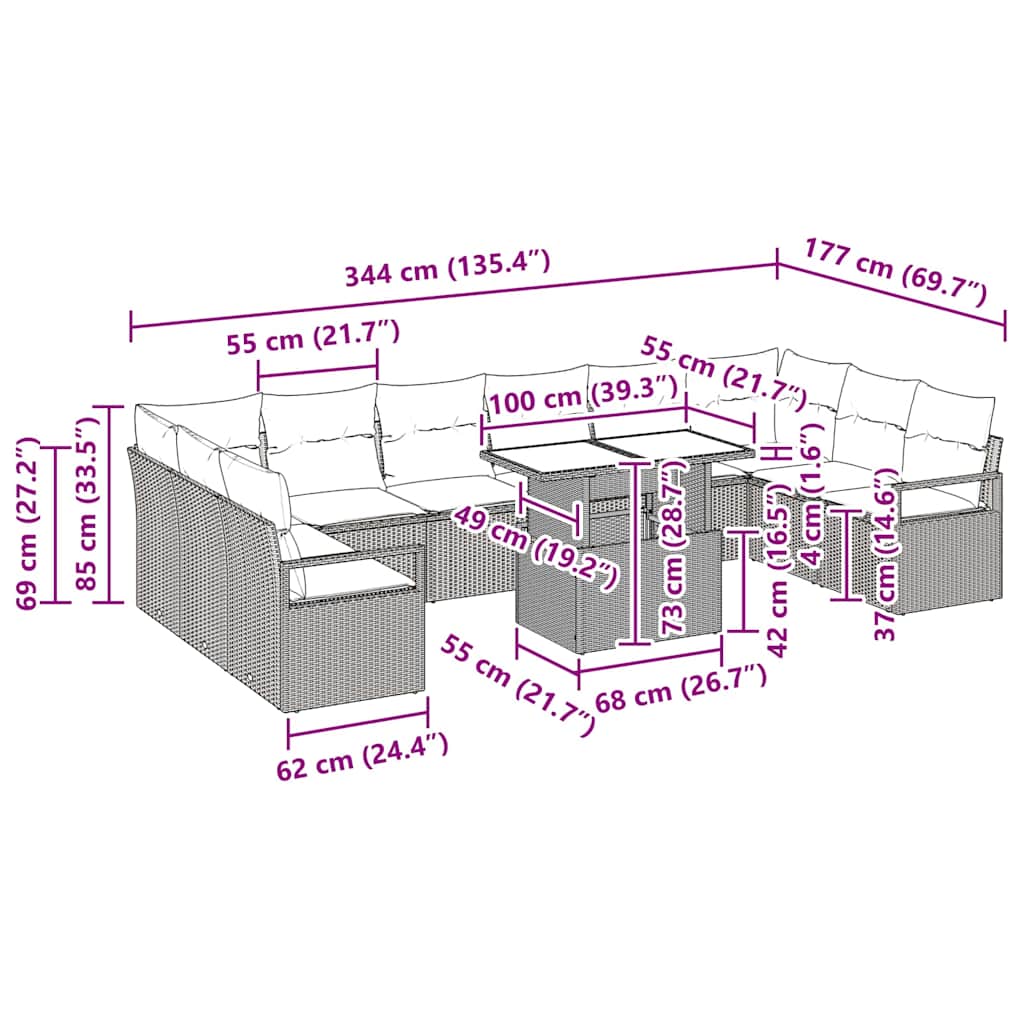 Garten-Sofa-Set mit Kissen 11 pcs Schwarz und Creme Poly-Rattan