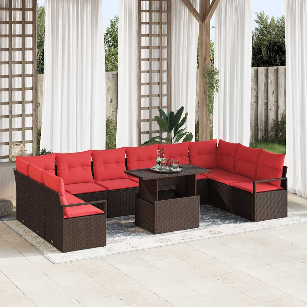 Garten-Sofa-Set mit Kissen 11 pcs Braun und Rot Poly-Rattan