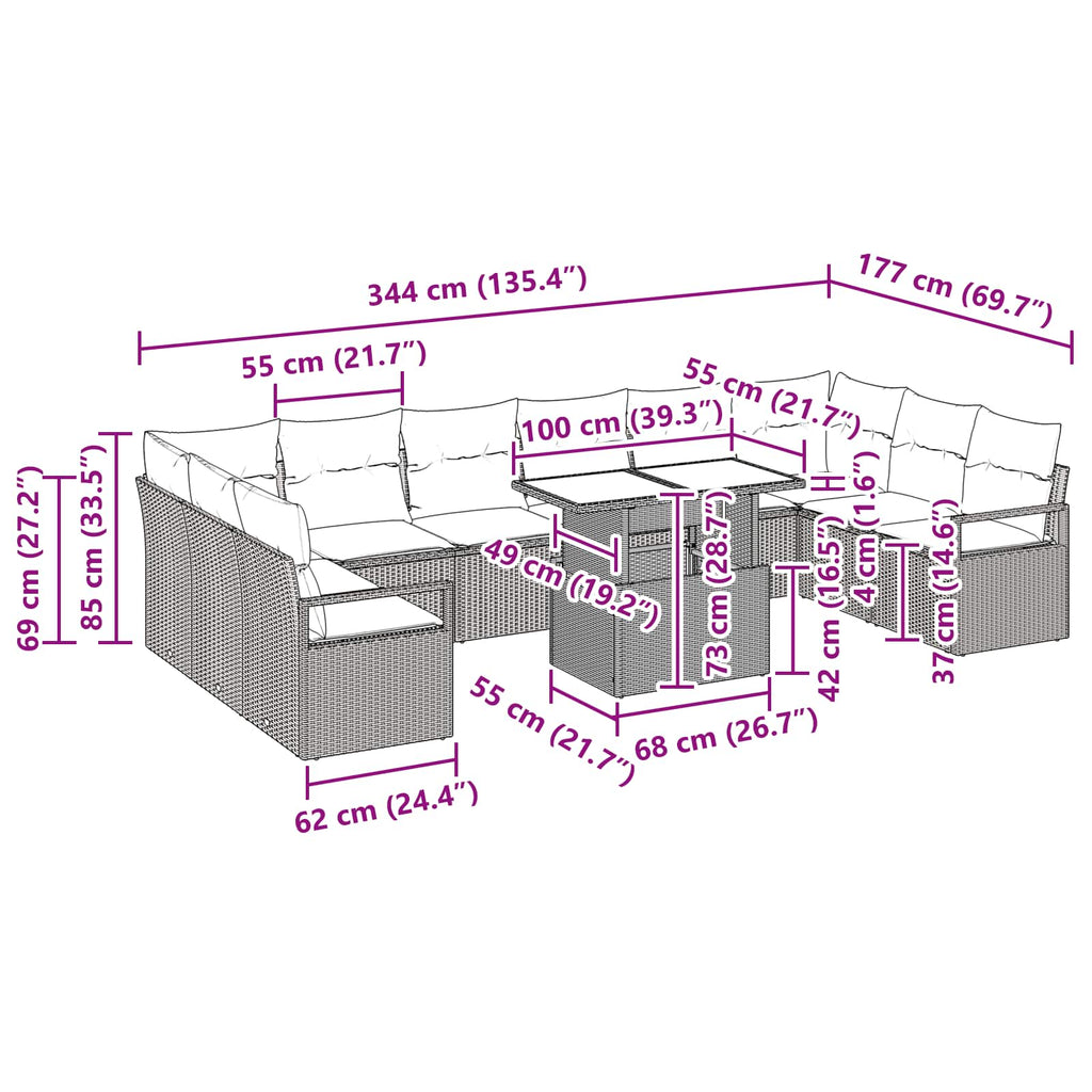Garten-Sofa-Set 11 pcs Grau und Marineblau Poly-Rattan