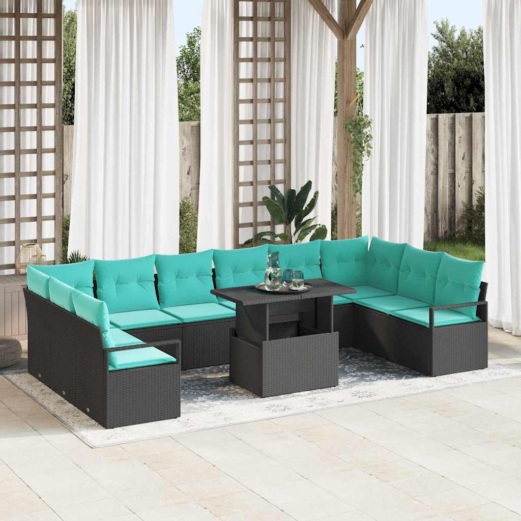 Garten-Sofa-Set mit Kissen 11 pcs Schwarz und Blau Poly-Rattan