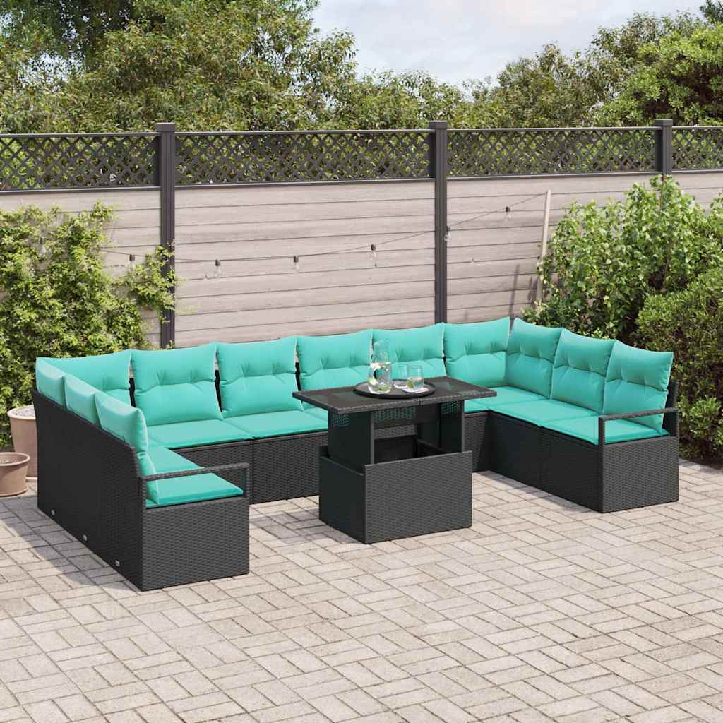 Garten-Sofa-Set mit Kissen 11 pcs Schwarz und Blau Poly-Rattan
