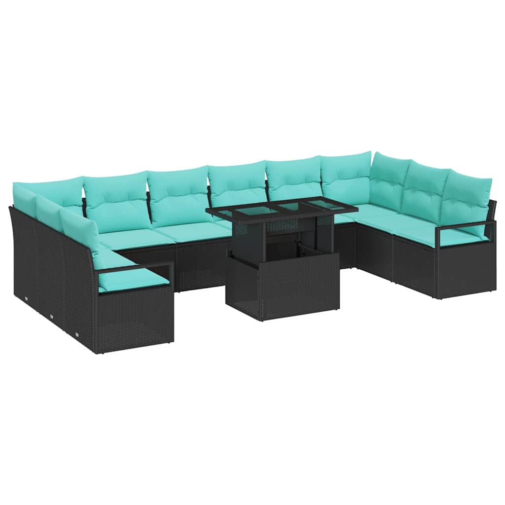 Garten-Sofa-Set mit Kissen 11 pcs Schwarz und Blau Poly-Rattan