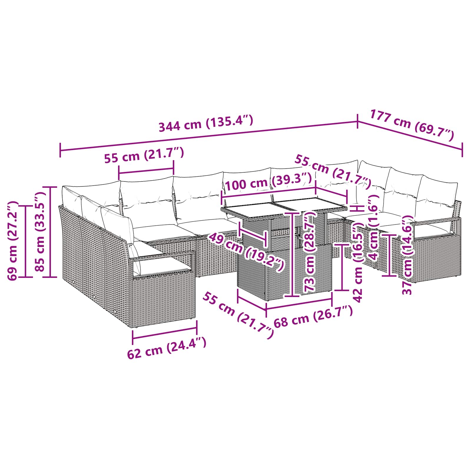 Garten-Sofa-Set mit Kissen 11 pcs Schwarz und Blau Poly-Rattan