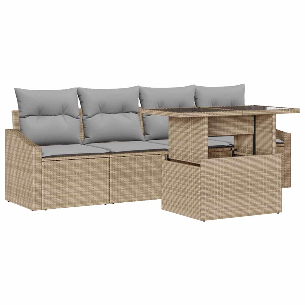 Garten-Sofa-Set mit Kissen 5 pcs Beige und Hellgrau Poly-Rattan