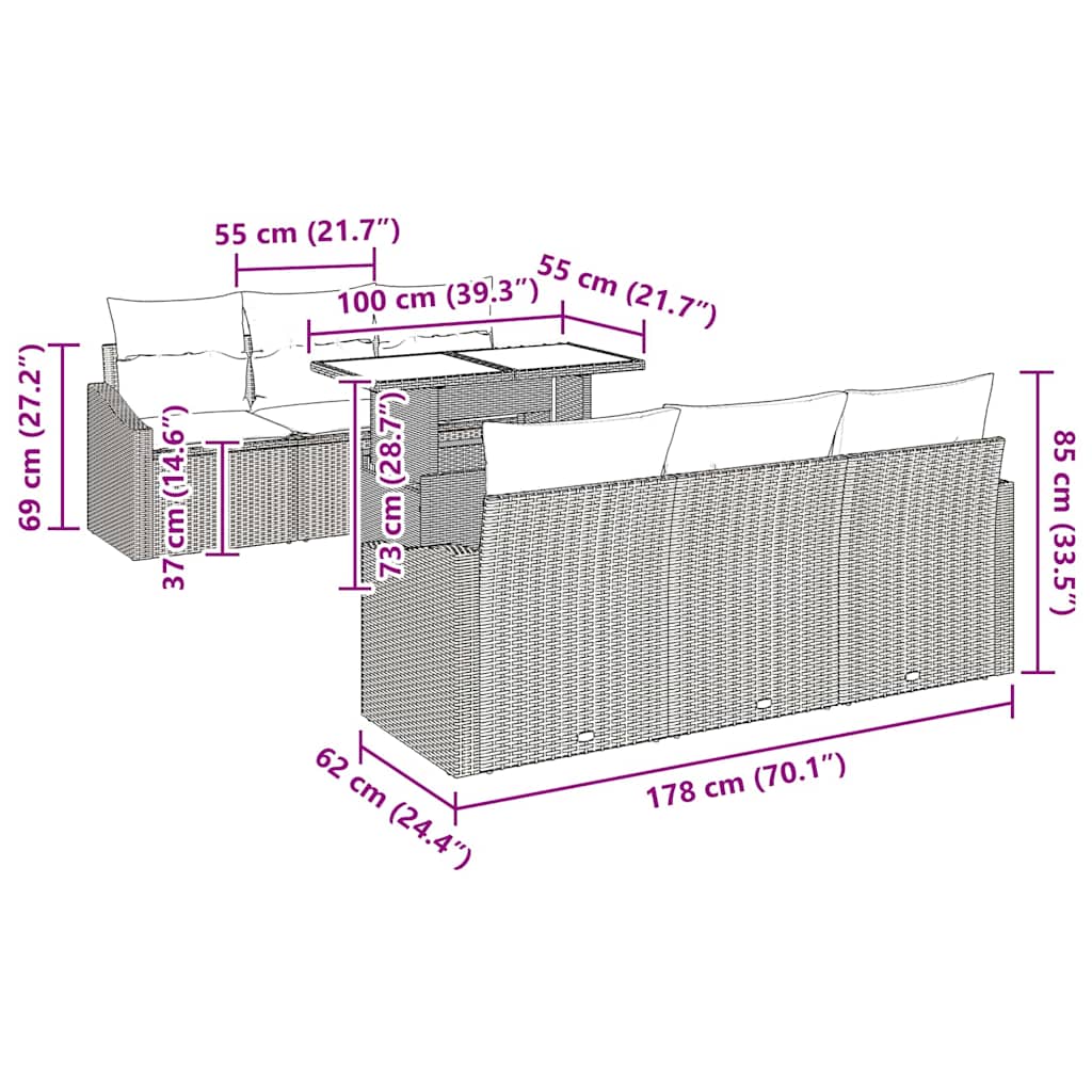 Gartensofa-set mit Kissen 7 pcs Beige und Hellgrau Poly-Rattan