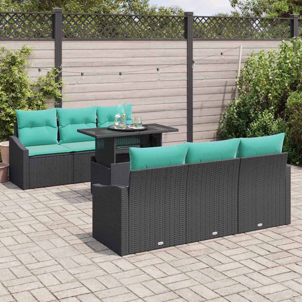 Garten-Sofa-Set mit Kissen 7 pcs Schwarz und Blau Poly-Rattan
